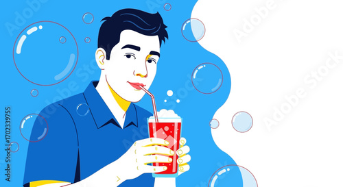 Young Man Relaxes Drinking Refreshing Beverage And Bubbles, Isolated on White Background