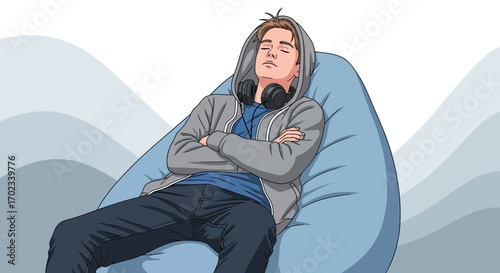 Young Man Relaxing and Sleeping on Beanbag Chair with Cross Arms and Headphones