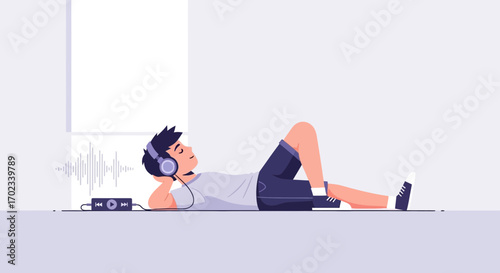 Young man relaxing and listening to music with headphones in a modern style vector