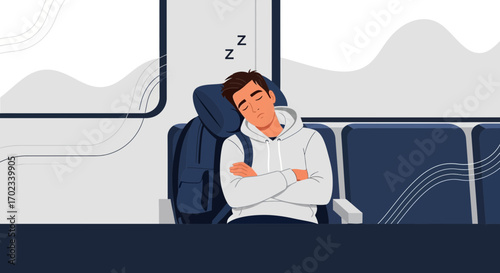 Young man sleeping on a train during travel and public transport illustration