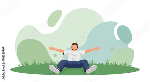 Young man relaxing in nature with arms outstretched enjoying a free and calm moment
