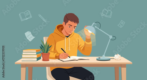 Young man studying at desk, taking notes, with books and table lamp, vector illustration