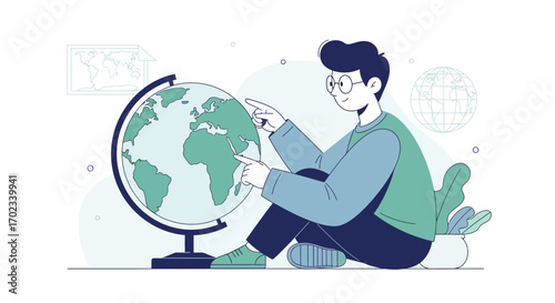 Young man studying the world with a globe and pointing at continents