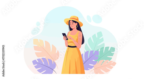 Woman in sun hat holding a smartphone in front of a natural background illustration