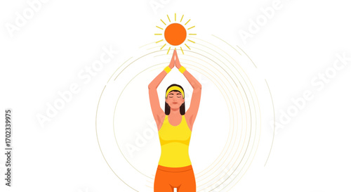 Woman in yoga pose receiving the sun energy during a morning exercise routine
