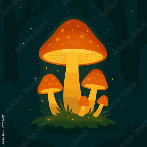 Glowing orange mushrooms in a dark forest setting with magical ambiance