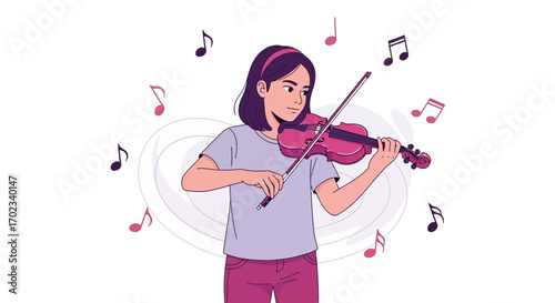 Young Musician Playing Violin Surrounded By Musical Notes, Illustrated In Simple Tone
