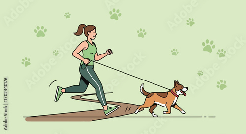 Woman jogging with dog in the park on a sunny day for healthy lifestyle