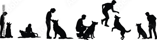 Silhouettes of people training, playing, interacting with dogs, pet care, dog obedience, animal friendship, joyful moments, bonding, pet owner, human-animal connection