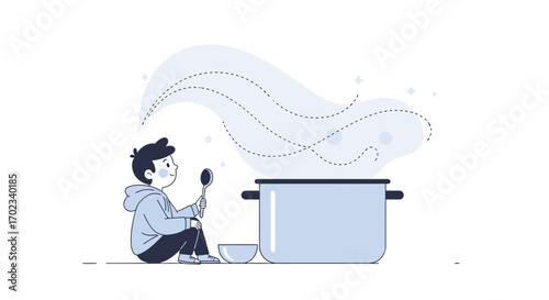 Young Person Admiring Food Cooking In A Pot, With Culinary Illustration