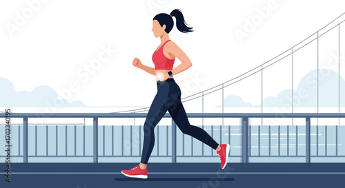 Woman jogging on a bridge, lifestyle illustration about sports and wellness