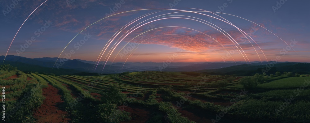 Obraz premium Terraced Fields at Sunset with Light Trails in Ultrawide View