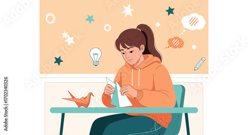 Woman making origami at a table illustration of a creative hobbies concept