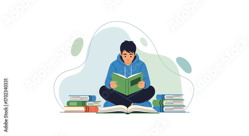 Young Person Immersed in Reading While Surrounded by Books Learning and Contemplation