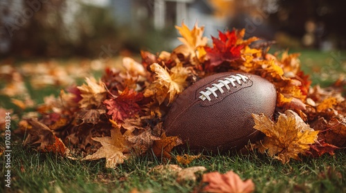 Pile of colorful autumn leaves with classic American football partially buried in them on grassy lawn. Implying family touch football game, nostalgic.