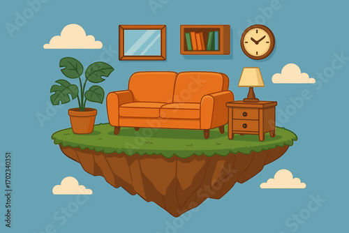 Cozy living room setup with an orange sofa, clock, and plant on a floating island