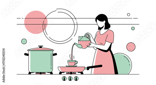 Woman making tea in the kitchen with minimalist abstract illustration drawing