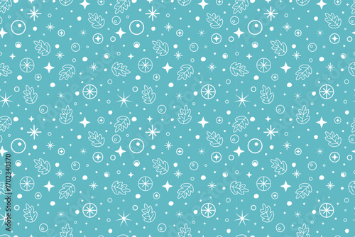 Beautiful abstract winter seamless pattern. Christmas, New Year, winter holidays. Snowflakes, late leaf. Flat design, doodle. For wallpaper, textile, packaging, background or website. Turquoise color.