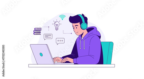 Young Person Learns Online With Laptop, Headphones, and Illustrative Concepts