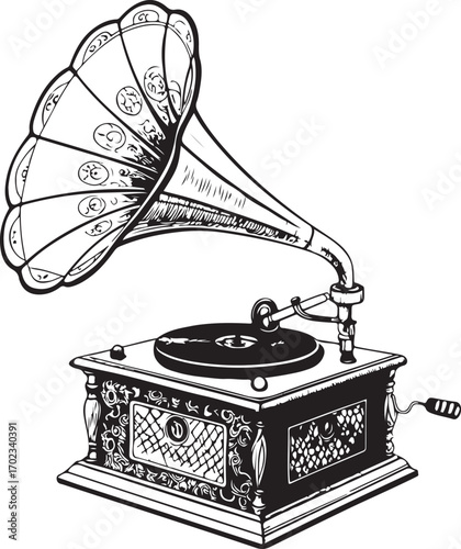 Vintage Gramophone Vector Illustration, Retro Phonograph Music Player, Classic Record Player Drawing in Etching Style