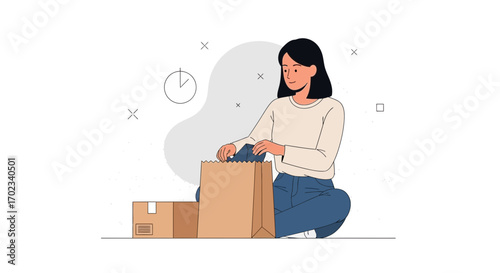 Woman Opening Delivery Package: Illustration of Receiving Items in a Simplified Style