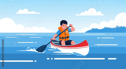 Young Person Paddling a Canoe on a Serene Lake During a Sunny Day
