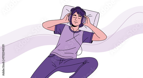 Young person relaxing and listening to music with headphones on a bed in a calm setting