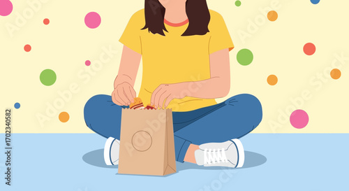 Young Person Sitting and Taking Snacks from a Paper Bag Illustration
