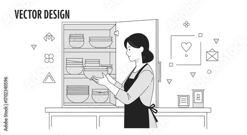 Woman Organizes Dinnerware In Kitchen, Minimalist House Life And Household Chore