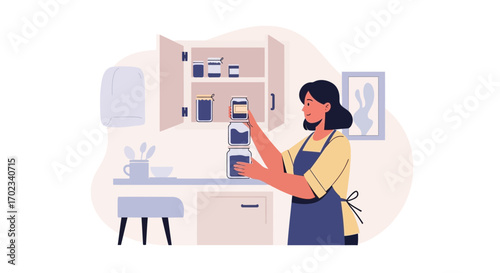 Woman organizing jars in a kitchen cabinet for a lifestyle illustration and storage concept
