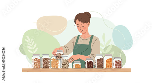 Woman organizing jars of food in a pantry at home or in the kitchen