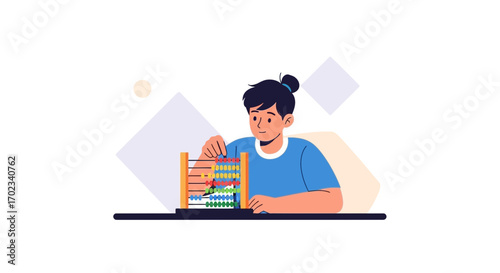 Young Person Uses Abacus For Mathematical Tasks Focused On Early Educational Aspects