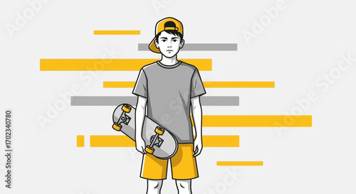 Young Person Wearing A Cap Holding A Skateboard Against A Modern Graphic Background