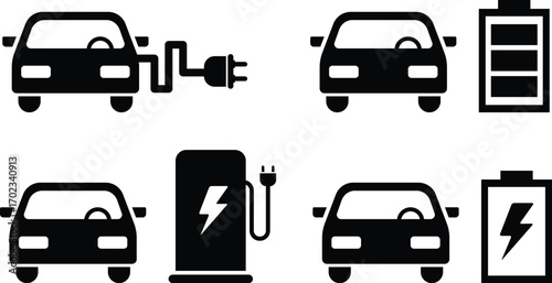 Electric car icon set with charging station and battery symbol.