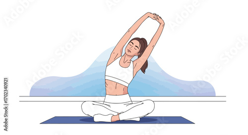 Woman Performing Yoga Stretch in Lotus Pose, Reaching Overhead Gracefully with Closed Eyes