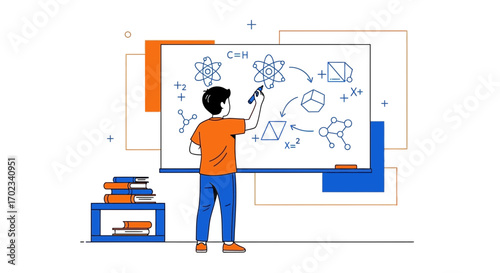 Young Scholar Solving Complex Equations And Atom Diagrams On The Whiteboard