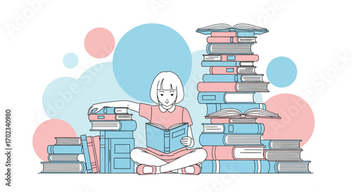 Young Reader Surrounded By Books Enjoying Literacy And Love Of Reading Education