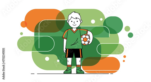 Young Soccer Player Holding Ball on a Green and Orange Abstract Background