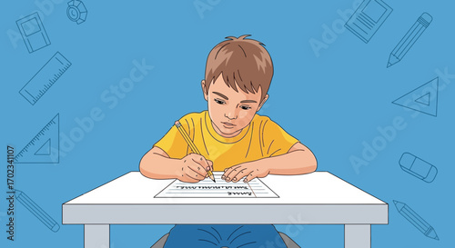 Young Student Concentrates on Schoolwork at His Desk, Studying with Focus to Succeed