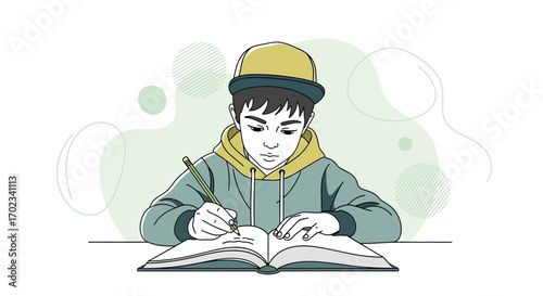 Young Student Concentrating On Writing With Enthusiasm And Artistic Graphic Elements
