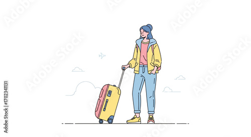 Woman Planning Adventures Traveling with Suitcase in Minimalist Illustration Style