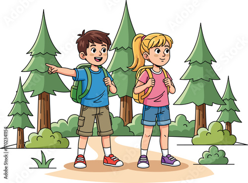 Young boy and girl hiking in forest with backpacks, exploring nature trail, kids outdoor adventure, summer camp, children enjoying hiking