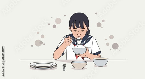 Young Student Consuming Meal In School Uniform, Eating A Single Bowl Of Rice For Lunch