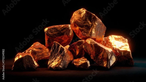 Cluster of glowing metallic copper ore rocks with a polished texture on a dark background, concept of natural mineral wealth and mining
