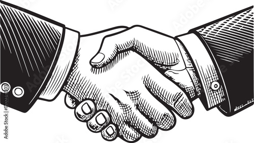 Vintage Handshake Vector Illustration, Business Agreement, Partnership Deal, Retro Etching Style Drawing of Hands in Suit