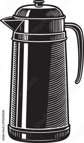 Vintage Coffee Thermos Vector Illustration, Retro Metal Flask, Classic Hot Beverage Pot Drawing, Black and White Etching Style