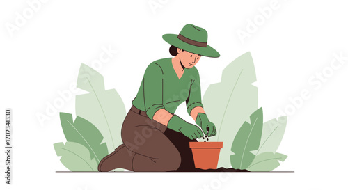 Woman Planting Seeds in a Pot: Gardening and Cultivation Illustration