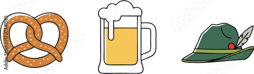A classic set of German cultural icons featuring a traditional salted pretzel, a frothy beer mug, and a green Bavarian festival hat