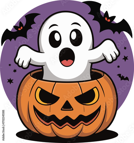 Spooky Halloween fun with a cute ghost popping out of a carved pumpkin with bats flying around