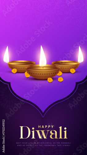 Happy Diwali - festival of lights colorful poster template design with decorative diya lamp. vector illustration.  Indian festival of lights Happy Diwali, holiday Background, Diwali celebration.